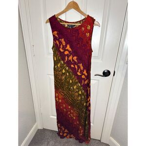 VTG Carole Little Colorblock Leaf Print Maxi Sleeveless Dress Sz 14 Fall Autumn